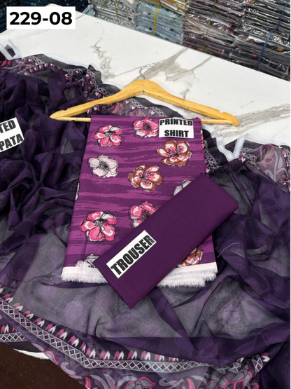 VOL 229 | DS 08 | DIGITAL PRINTED LAWN 3PC PRINTED LAWN SHIRT PLAIN TROUSER PRINTED VOIL DUPATTA