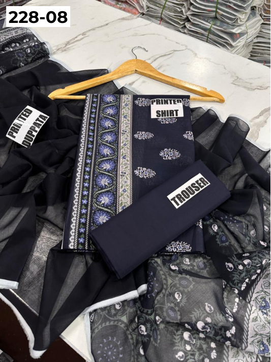 VOL 228 | DS 08 | DIGITAL PRINTED LAWN 3PC PRINTED LAWN SHIRT PLAIN TROUSER PRINTED VOIL DUPATTA
