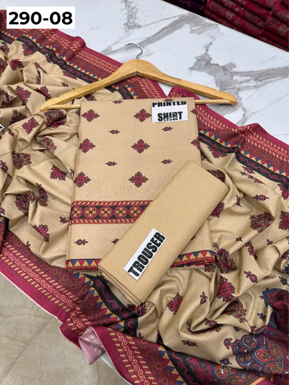 VOL 290 | DS 08 | PREMIUM DHANAK WINTER COLLECTON - DIGITAL PRINTED 3 PIECE SUIT | Printed Shirt with Neck Design | Plain Dyed Matching Trouser | Printed Dupatta