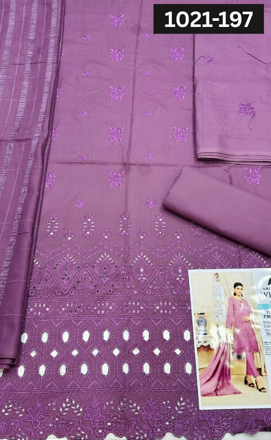 VOL 1021 | DS 197 | DHANAK DYED  EMBROIDERED 3PC DHANAK VELVET SHAWL
