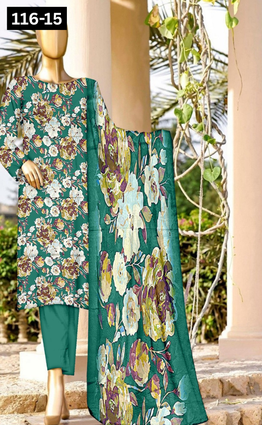 VOL 116 | DS 15 | DIGITAL PRINTED LAWN 3PC DYED TROUSER VOIL LAWN DUPATTA