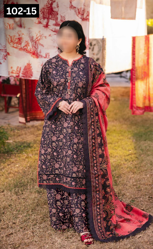VOL 102 | DS 15 | DIGITAL PRINTED TANA DORA LAWN 3PC VOIL LAWN DUPATTA