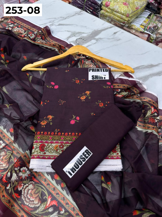 VOL 253 | DS 08 | GULNAAR | DIGITAL PRINTED 3PC LAWN SHIRT, DYED TROUSER, PRINTED VOIL DUPATTA