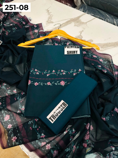 VOL 251 | DS 08 | Khaas | DIGITAL PRINTED 3PC LAWN SHIRT, DYED TROUSER, PRINTED VOIL DUPATTA