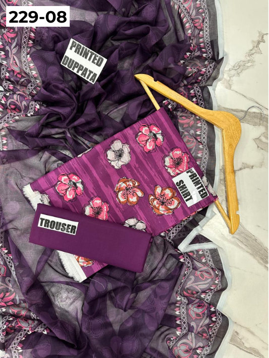 VOL 229 | DS 08 | DIGITAL PRINTED LAWN 3PC PRINTED LAWN SHIRT PLAIN TROUSER PRINTED VOIL DUPATTA