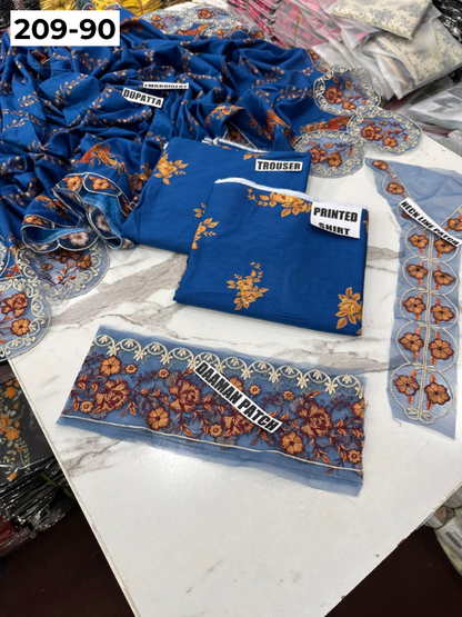 VOL 209 | DS 90 | LAWN 3PC PRINTED LAWN SHIRT ALONG WITH EMBROIDERED PATCHES PRINTED TROUSER EMBROIDERED DUPATTA