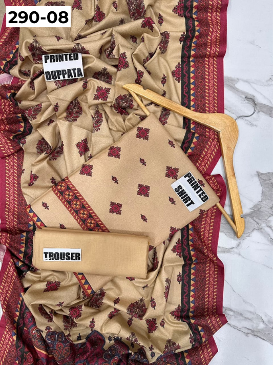 VOL 290 | DS 08 | PREMIUM DHANAK WINTER COLLECTON - DIGITAL PRINTED 3 PIECE SUIT | Printed Shirt with Neck Design | Plain Dyed Matching Trouser | Printed Dupatta
