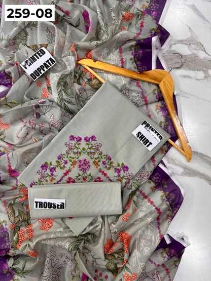 VOL 259 | DS 08 | SHANAYA | DIGITAL PRINTED 3PC LAWN SHIRT, DYED TROUSER, PRINTED VOIL DUPATTA
