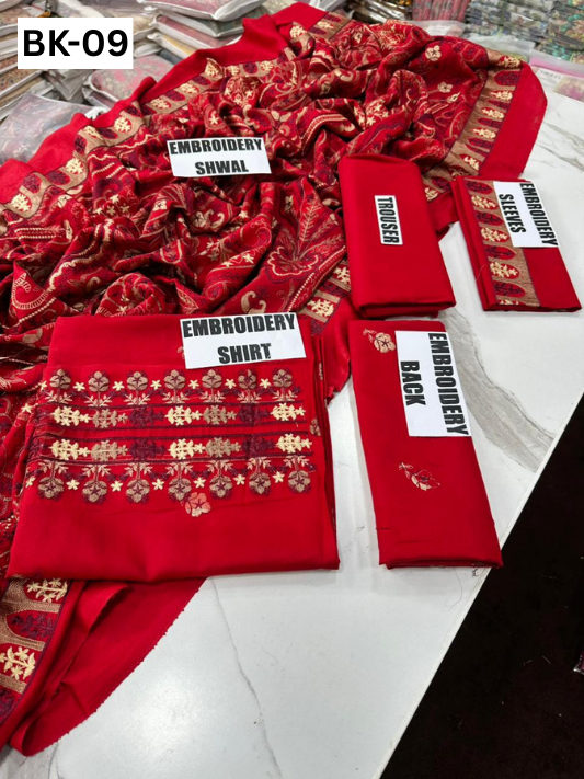 BAREEZE KARANDI | DS 09 | KARANDI EMBROIDERED 3PC WITH EMBROIDERED SHAWL