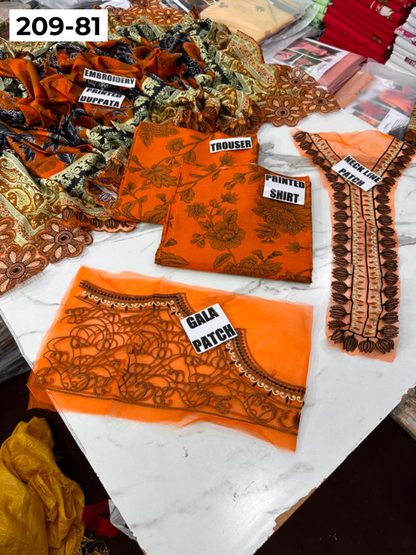 VOL 209 | DS 81 | LAWN 3PC PRINTED LAWN SHIRT ALONG WITH EMBROIDERED PATCHES PRINTED TROUSER EMBROIDERED DUPATTA