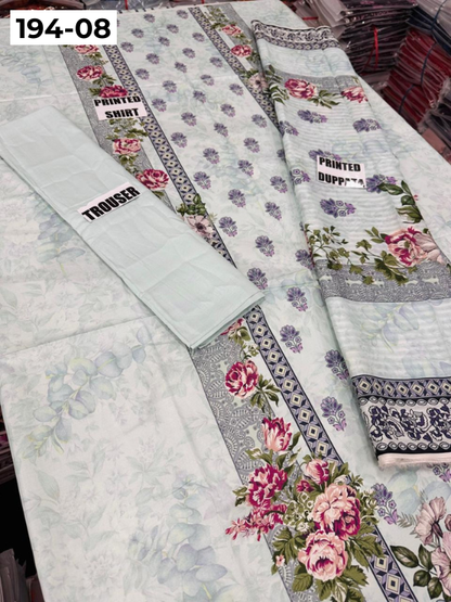 VOL 194 | DS 08 | Digital Printed Cotton Three Piece Doria Lawn Dupatta Plain Trouser