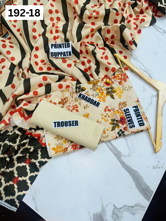 VOL 192 | DS 18 | DIGITAL PRINTED KHADDAR 3PC DYED TROUSER