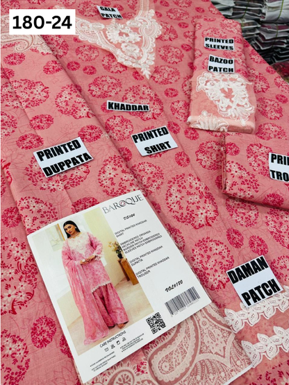 VOL 180 | DS 24 | DIGITAL PRINTED KHADDAR 3PC | EMBROIDERED PATCHES | KHADDAR DUPATTA