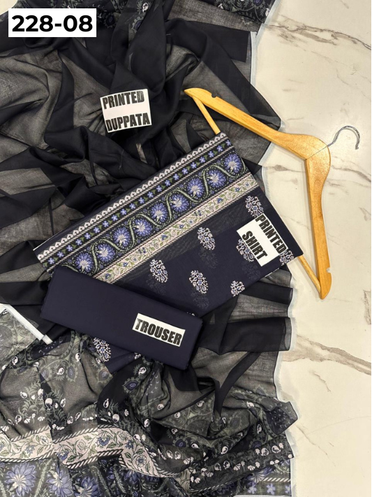 VOL 228 | DS 08 | DIGITAL PRINTED LAWN 3PC PRINTED LAWN SHIRT PLAIN TROUSER PRINTED VOIL DUPATTA