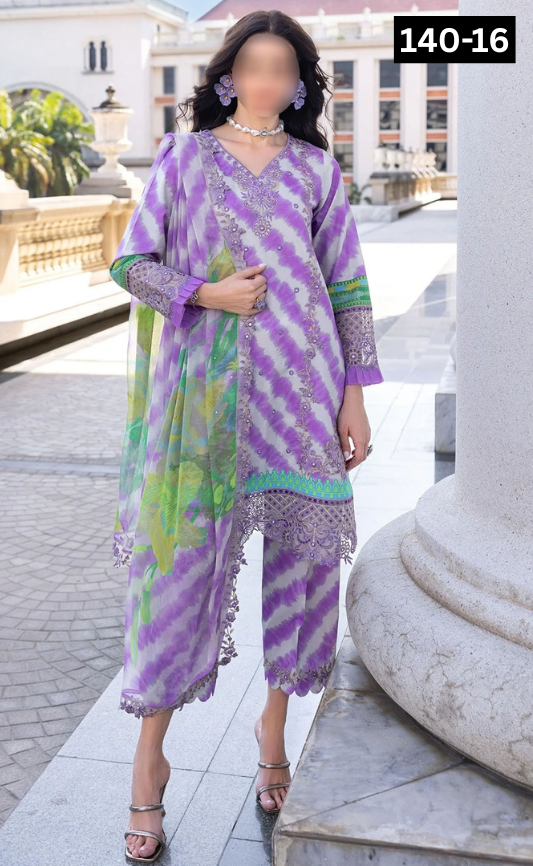 VOL 140 | DS 16 | DIGITAL PRINTED BANADORA LAWN 3PC | VOIL LAWN DUPATTA | EMBROIDERED ORAGANZA PATCHES