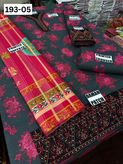 VOL 193 | DS 05 | DIGITAL PRINTED KARANDI 3PC | EMBROIDERED PATCHES | FANCY KARANDI DUPATTA