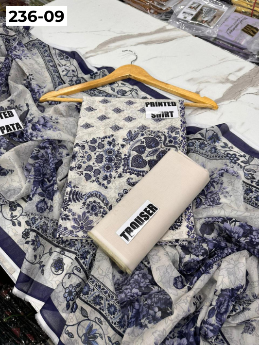 VOL 236 | DS 09 | MAUSUMMERY LAWN | DIGITAL PRINTED 3PC LAWN SHIRT PLAIN TROUSER PRINTED VOIL DUPATTA