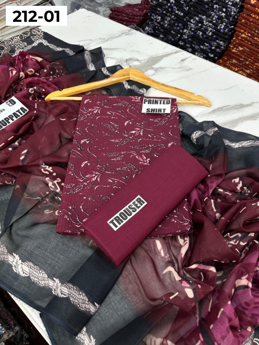 VOL 212 | DS 01 | DIGITAL PRINTED BANADORA LAWN SHIRT PLAIN TROUSER VOIL LAWN DUPATTA