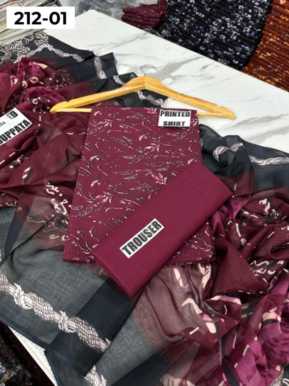 VOL 212 | DS 01 | DIGITAL PRINTED BANADORA LAWN SHIRT PLAIN TROUSER VOIL LAWN DUPATTA