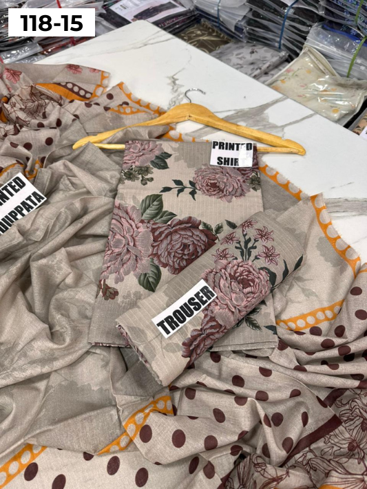 VOL 118 | DS 15 | DIGITAL PRINTED BANADORA LAWN 3PC VOIL LAWN DUPATTA