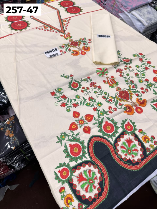 VOL 257 | DS 47 | PRINTED HIT CODES LAWN 2PC | DIGITAL PRINTED LAWN SHIRT, PLAIN COTTON TROUSER