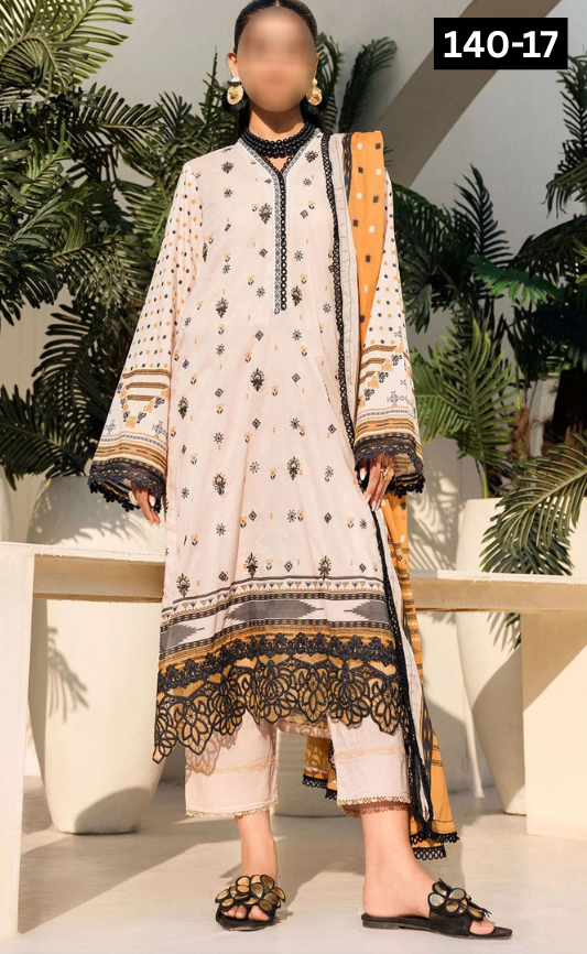 VOL 140 | DS 17 | DIGITAL PRINTED BANADORA LAWN 3PC | VOIL LAWN DUPATTA | EMBROIDERED ORAGANZA PATCHES