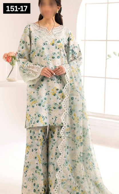 VOL 151 | DS 17 | DIGITAL PRINTED LINEN 3PC LINEN DUPATTA