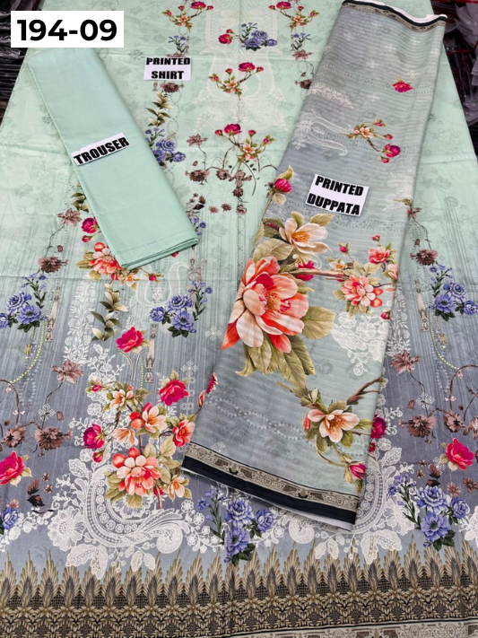 VOL 194 | DS 09 | Digital Printed Cotton Three Piece Doria Lawn Dupatta Plain Trouser