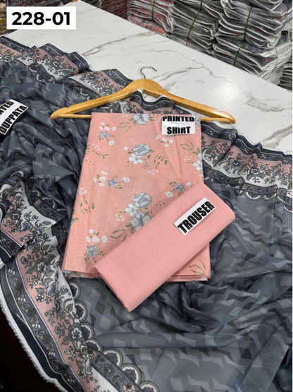 VOL 228 | DS 01 | DIGITAL PRINTED LAWN 3PC PRINTED LAWN SHIRT PLAIN TROUSER PRINTED VOIL DUPATTA