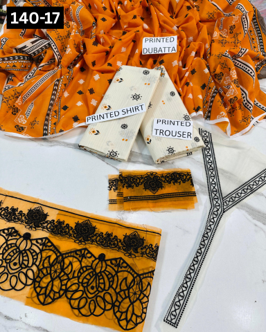 VOL 140 | DS 17 | DIGITAL PRINTED BANADORA LAWN 3PC | VOIL LAWN DUPATTA | EMBROIDERED ORAGANZA PATCHES