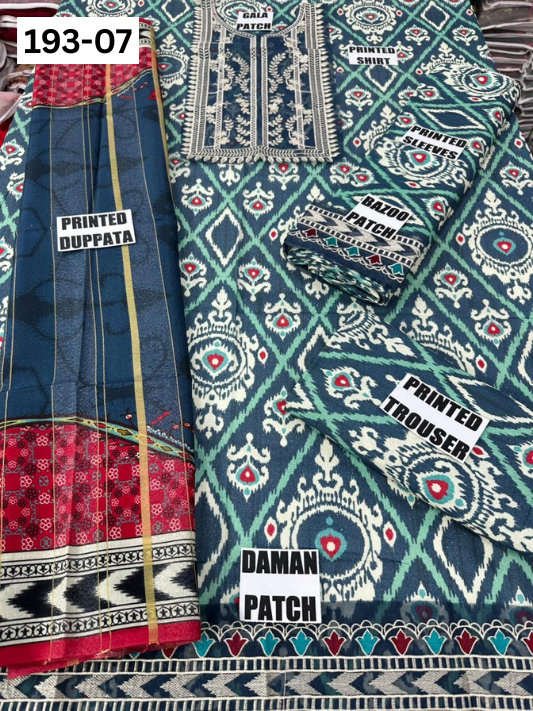 VOL 193 | DS 07 | DIGITAL PRINTED KARANDI 3PC | EMBROIDERED PATCHES | FANCY KARANDI DUPATTA