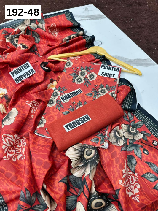 VOL 192 | DS 48 | DIGITAL PRINTED KHADDAR 3PC DYED TROUSER