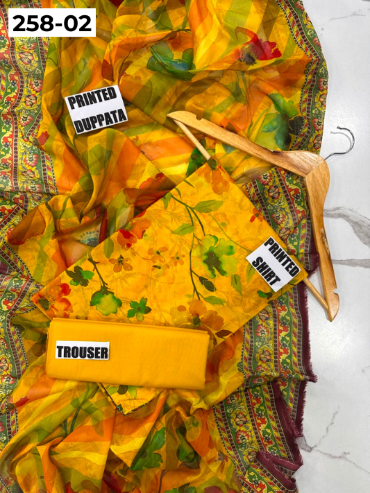 VOL 258 | DS 02 | GulBANO | DIGITAL PRINTED 3PC LAWN SHIRT, DYED TROUSER, PRINTED VOIL DUPATTA