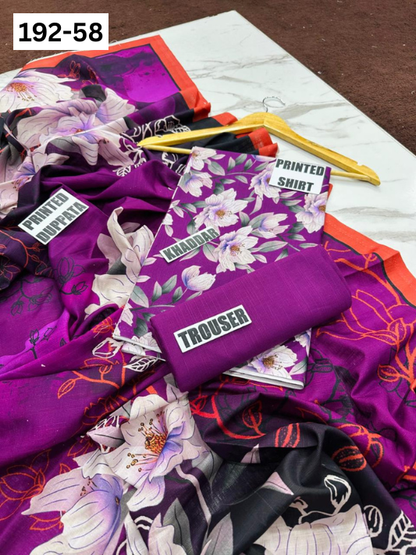 VOL 192 | DS 58 | DIGITAL PRINTED KHADDAR 3PC DYED TROUSER