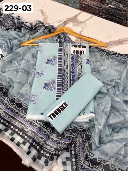 VOL 229 | DS 03 | DIGITAL PRINTED LAWN 3PC PRINTED LAWN SHIRT PLAIN TROUSER PRINTED VOIL DUPATTA