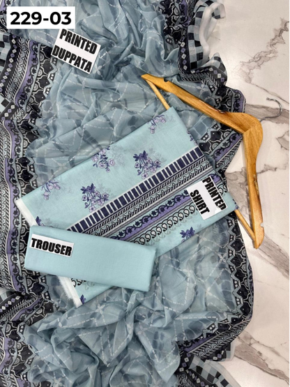 VOL 229 | DS 03 | DIGITAL PRINTED LAWN 3PC PRINTED LAWN SHIRT PLAIN TROUSER PRINTED VOIL DUPATTA