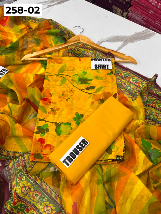 VOL 258 | DS 02 | GulBANO | DIGITAL PRINTED 3PC LAWN SHIRT, DYED TROUSER, PRINTED VOIL DUPATTA