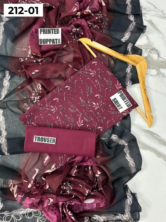 VOL 212 | DS 01 | DIGITAL PRINTED BANADORA LAWN SHIRT PLAIN TROUSER VOIL LAWN DUPATTA