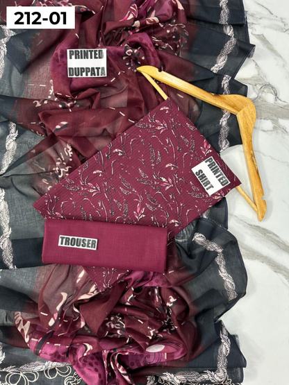 VOL 212 | DS 01 | DIGITAL PRINTED BANADORA LAWN SHIRT PLAIN TROUSER VOIL LAWN DUPATTA