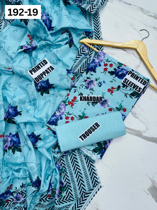 VOL 192 | DS 19 | DIGITAL PRINTED KHADDAR 3PC DYED TROUSER