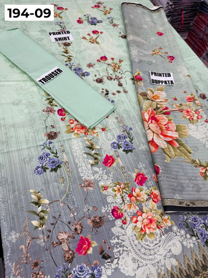 VOL 194 | DS 09 | Digital Printed Cotton Three Piece Doria Lawn Dupatta Plain Trouser