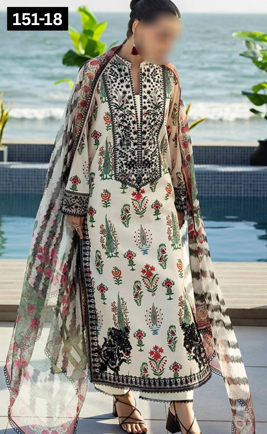 VOL 151 | DS 18 | DIGITAL PRINTED LINEN 3PC LINEN DUPATTA