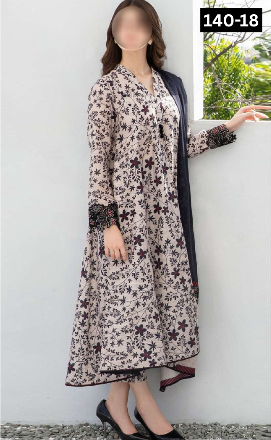 VOL 140 | DS 18 | DIGITAL PRINTED BANADORA LAWN 3PC | VOIL LAWN DUPATTA | EMBROIDERED ORAGANZA PATCHES