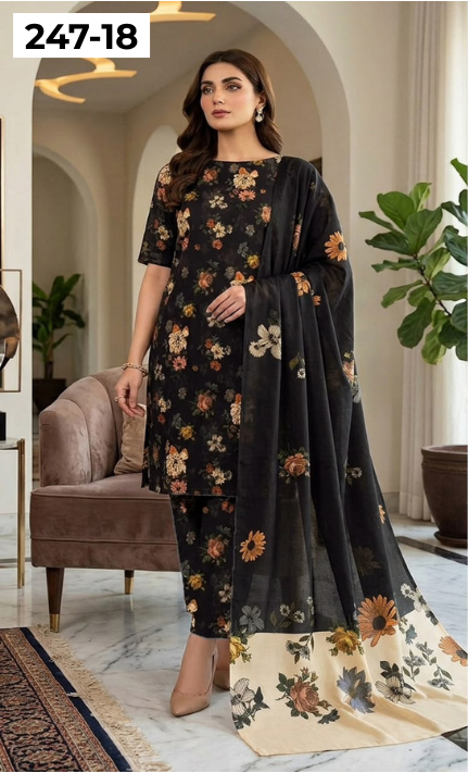 VOL 247 | DS 18 | DIGITAL PRINTED LAWN THREE PIECES VOIL LAWN DUPATTA