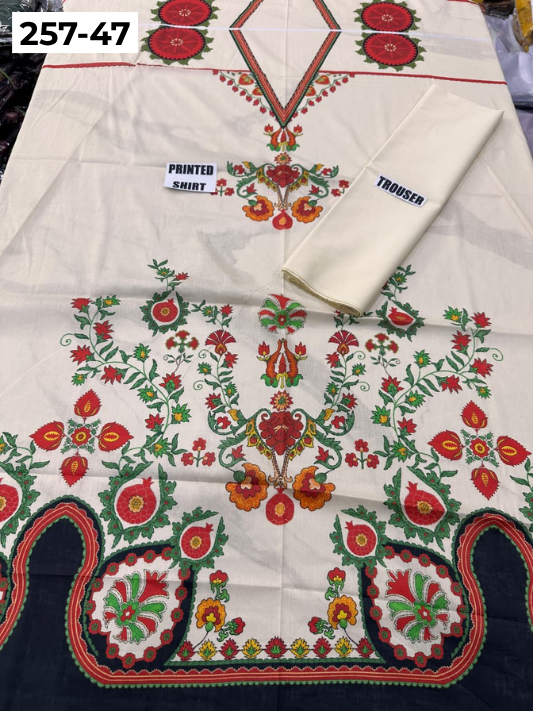 VOL 257 | DS 47 | PRINTED HIT CODES LAWN 2PC | DIGITAL PRINTED LAWN SHIRT, PLAIN COTTON TROUSER