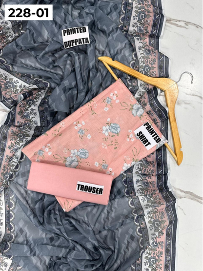 VOL 228 | DS 01 | DIGITAL PRINTED LAWN 3PC PRINTED LAWN SHIRT PLAIN TROUSER PRINTED VOIL DUPATTA