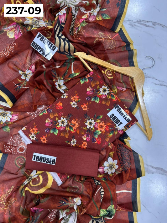 VOL 237 | DS 09 | DIGITAL PRINTED BANADORA LAWN SHIRT, PLAIN TROUSER, PRINTED LAWN DUPATTA