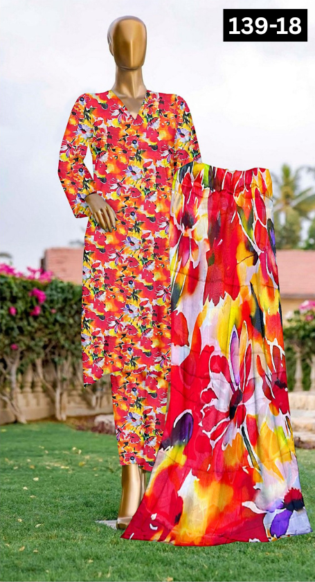 VOL 139 | DS 18 | DIGITAL PRINTED LAWN 3PC BAMBER CHIFFON DUPATTA