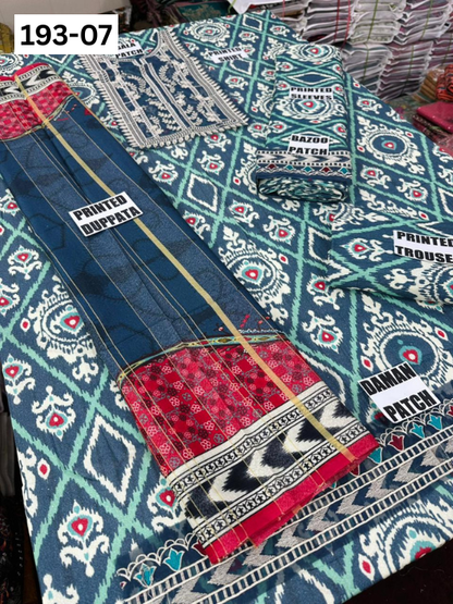 VOL 193 | DS 07 | DIGITAL PRINTED KARANDI 3PC | EMBROIDERED PATCHES | FANCY KARANDI DUPATTA