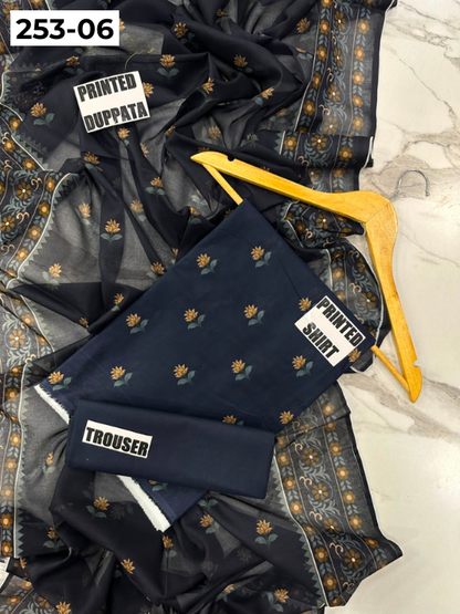 VOL 253 | DS 06 | GULNAAR | DIGITAL PRINTED 3PC LAWN SHIRT, DYED TROUSER, PRINTED VOIL DUPATTA